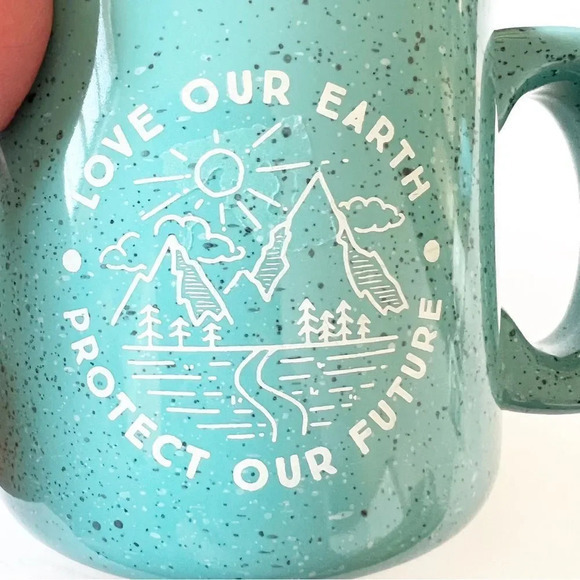 Save Our Earth Turquoise Speckled Coffee Mug Camp Style Ceramic Climate Change - Picture 3 of 4